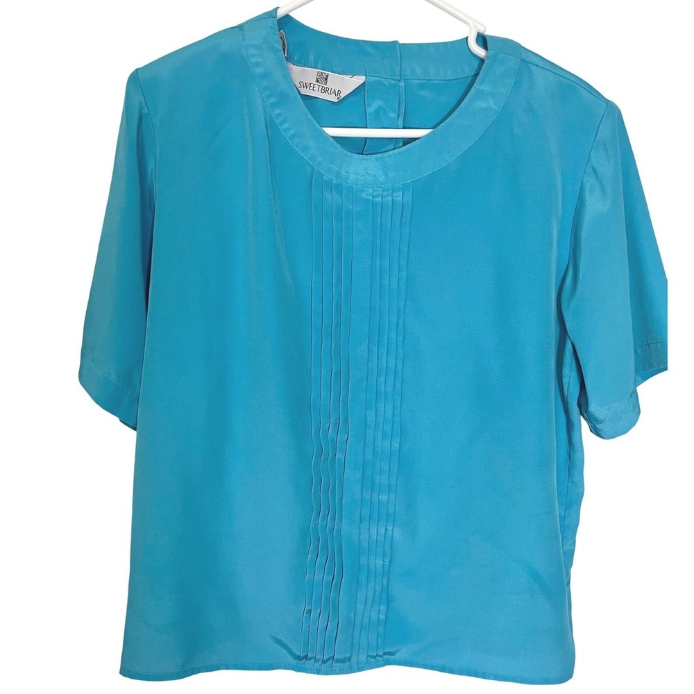 Sweetbriar 14 Blue Blouse Pintuck Pleated Short Sleeve Satin Finish Officecore